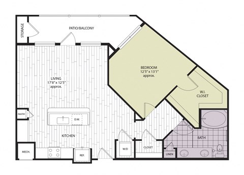 Floor plan for 1 bed, 1 bath, 931 sqft